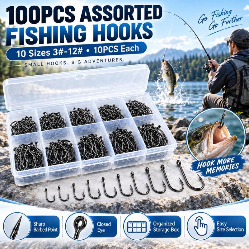 Fishing Hook Assortment - ชุดเบ็ดตกปลาแบบมีหนาม 100 ชิ้น มี 10 ขนาด